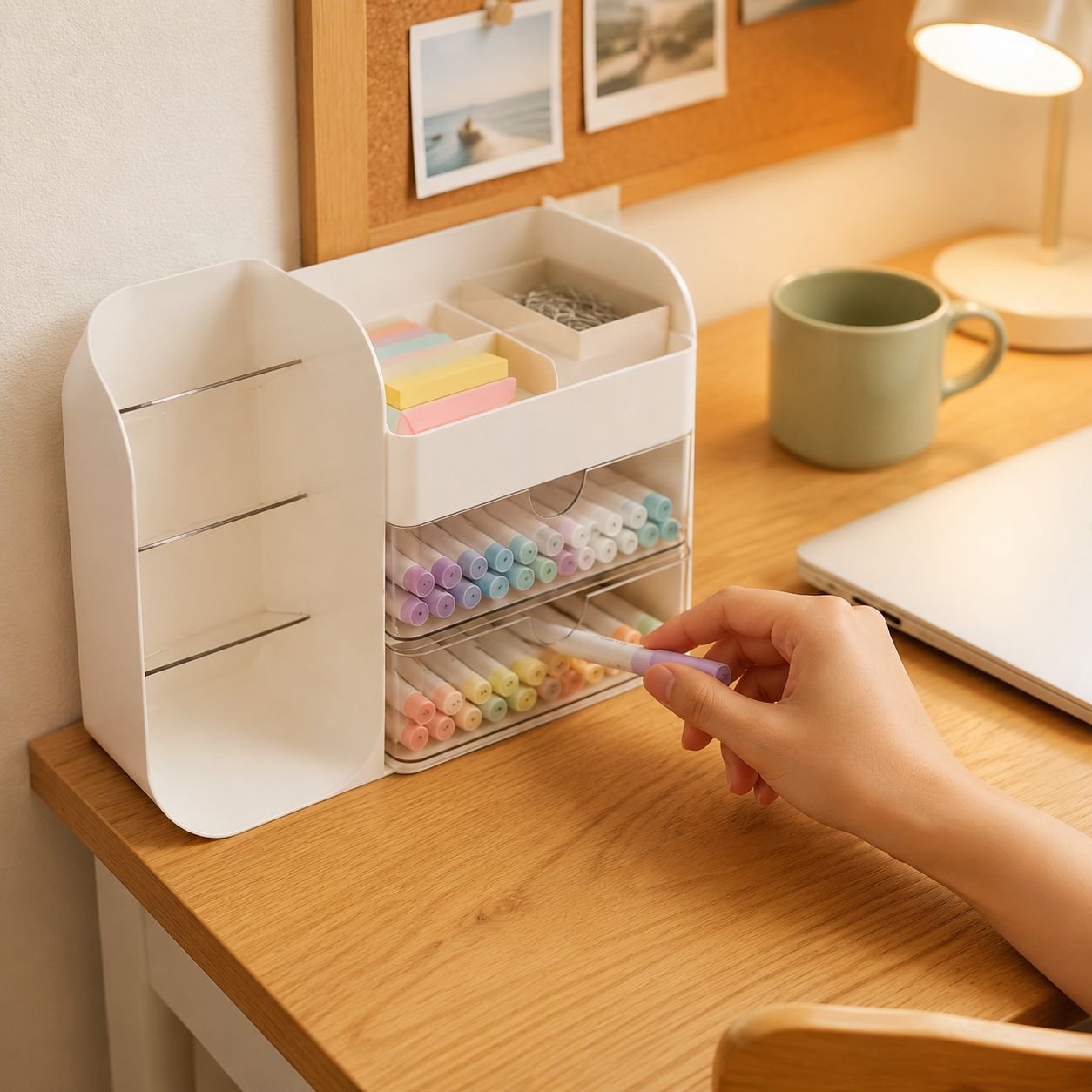Multifunctional Desktop Cosmetic Organizer Box with Oblique Pen Holder Design