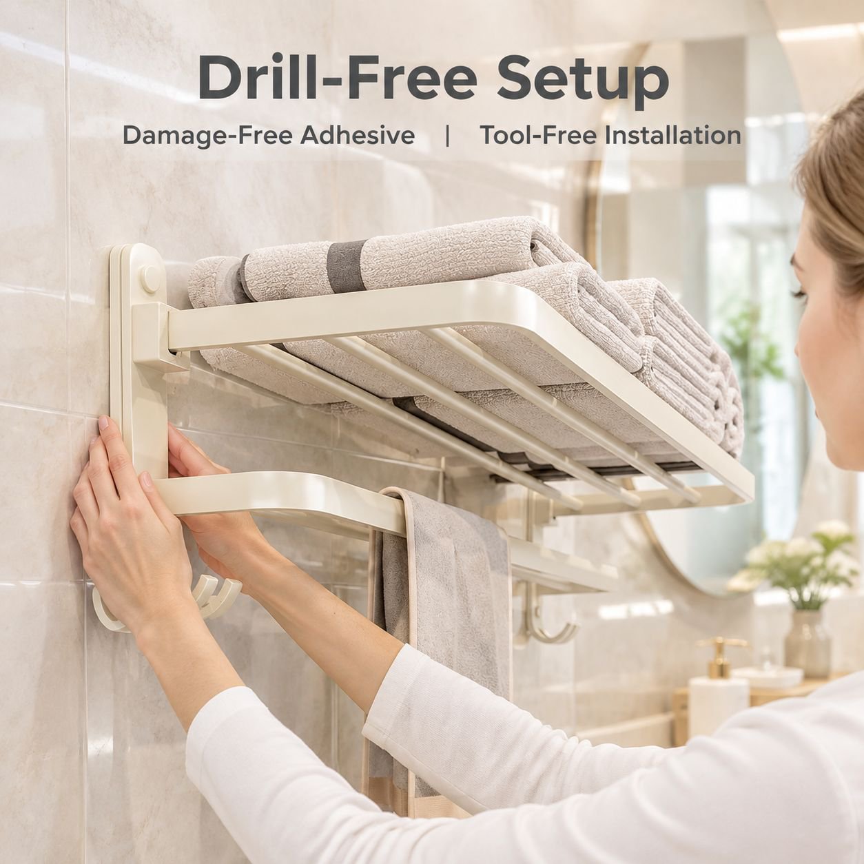 Cream Style Bathroom Towel Rack Punch-Free White Bath Towel Shelf Hardware Set