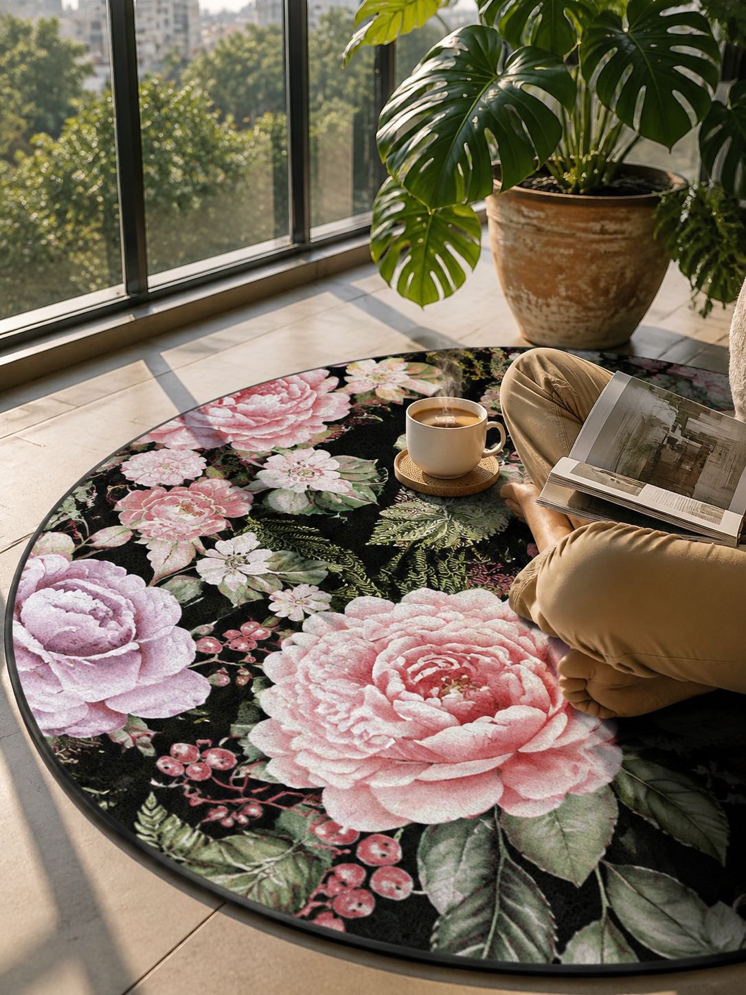 Cozy living room featuring floral rose pattern circular rug