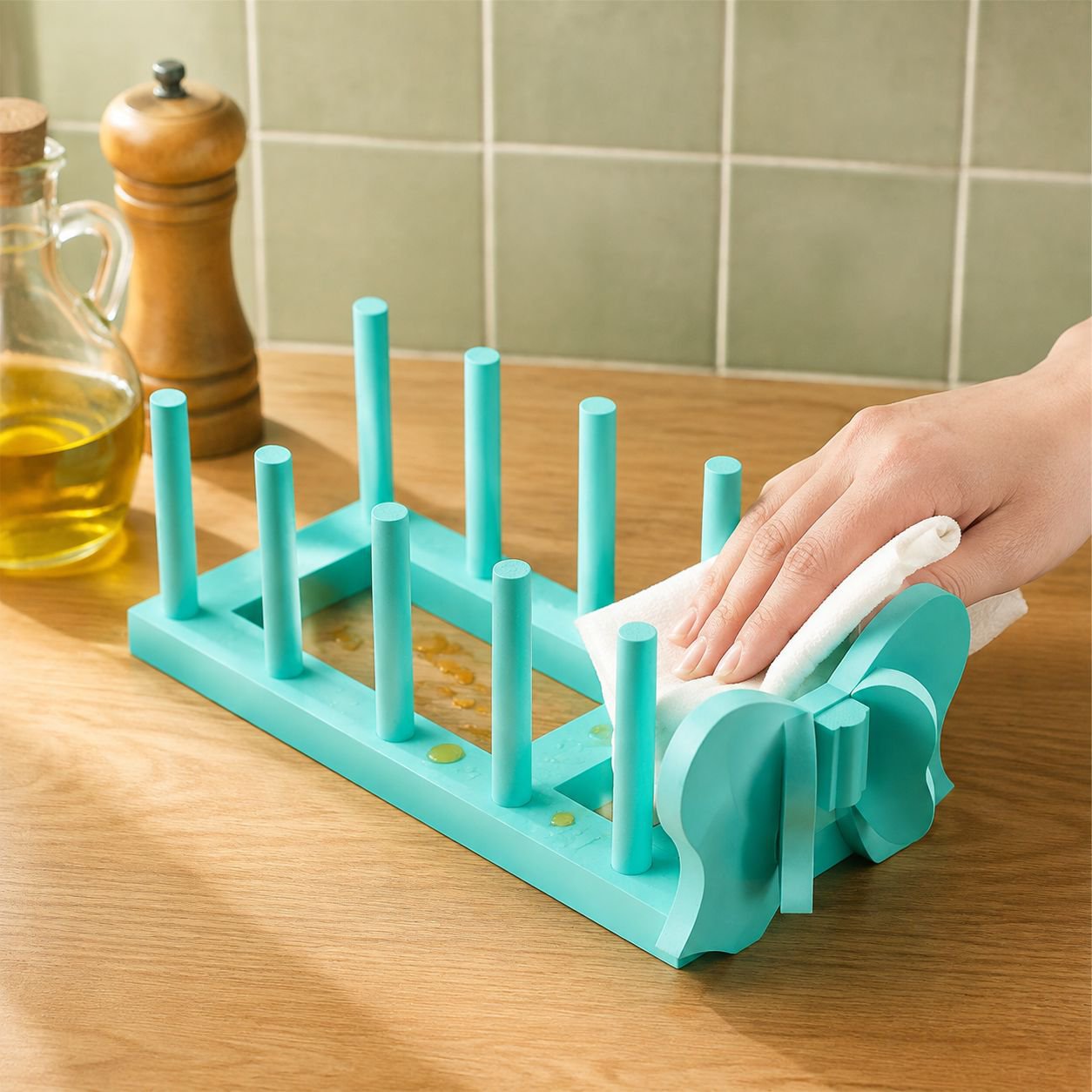 Close-up of wooden rack holding plates and bowls