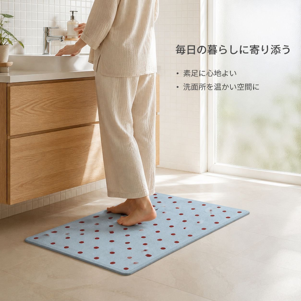 キュートなドット柄バスルーム用吸水マット リネン素材 耐汚れ速乾フロアマット