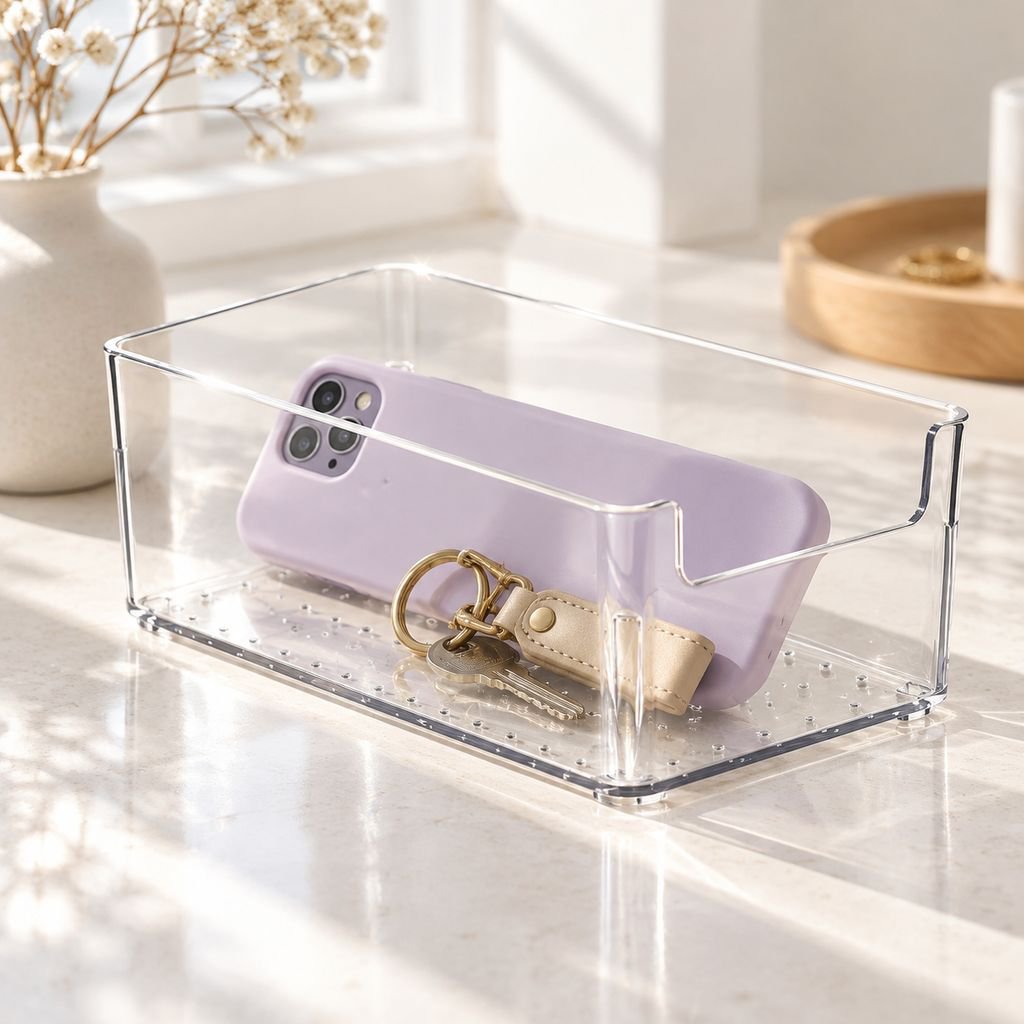 Caja apilable transparente de acrílico para organizar fundas de móvil