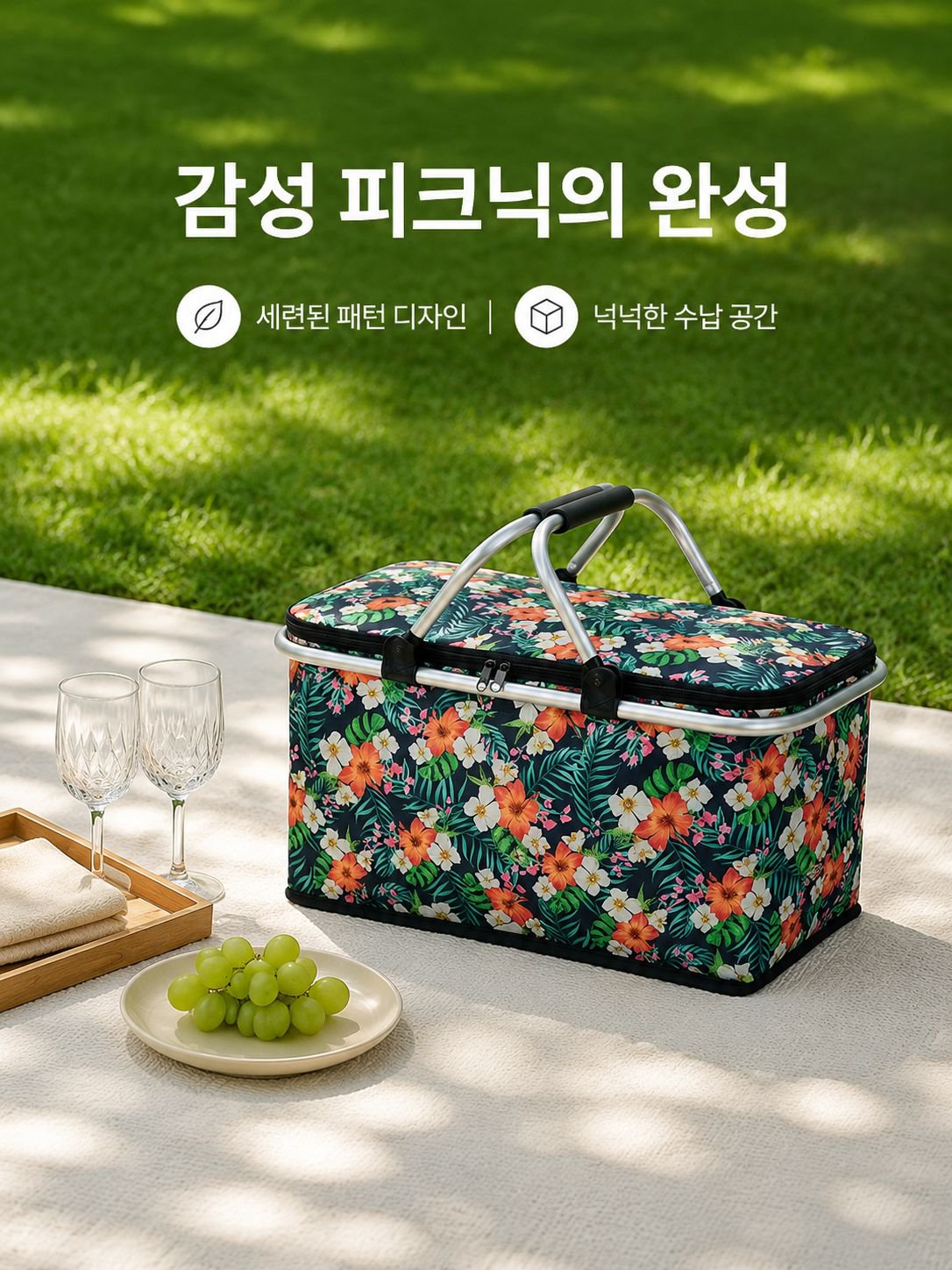 휴대용 접이식 프린트 보온 수납 바구니 야외 캠핑 손잡이 바구니