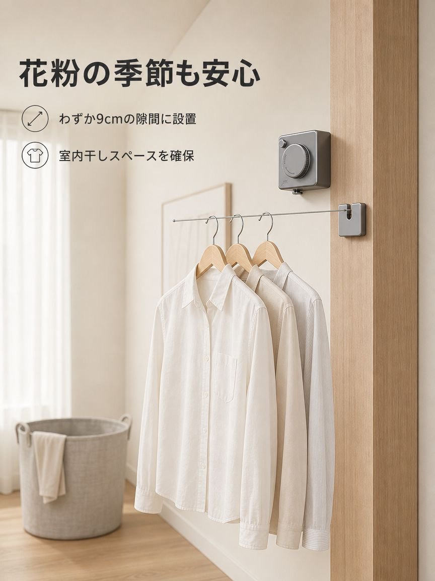 室内に設置したステンレスワイヤー物干しの様子