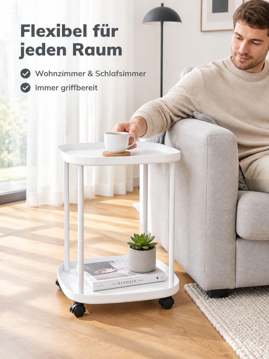Mobiler Beistelltisch aus Kunststoff / Rollwagen für Schlaf- und Wohnzimmer