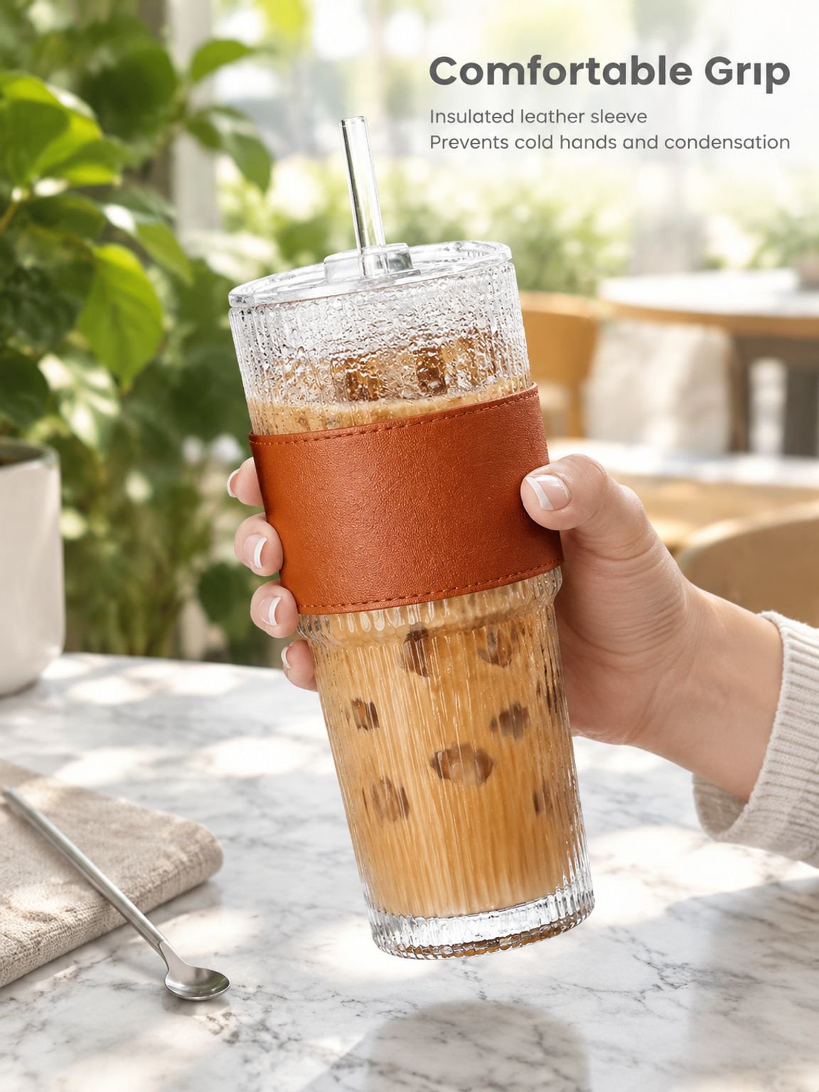 Side view of the Vertical Stripe Clear Glass Cup