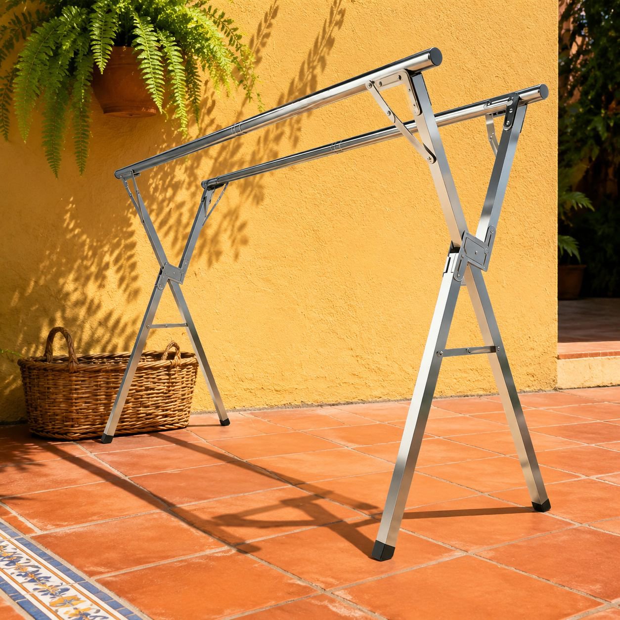 Tendedero plegable de pie, reforzado, para uso doméstico en balcones y exteriores, con barra telescó