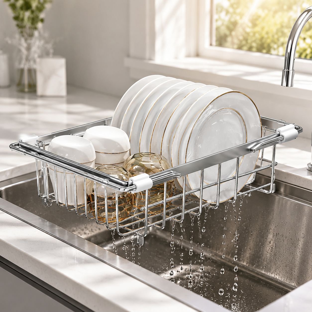 Multi-functional sink dish and utensil organizer holding plates and cutlery