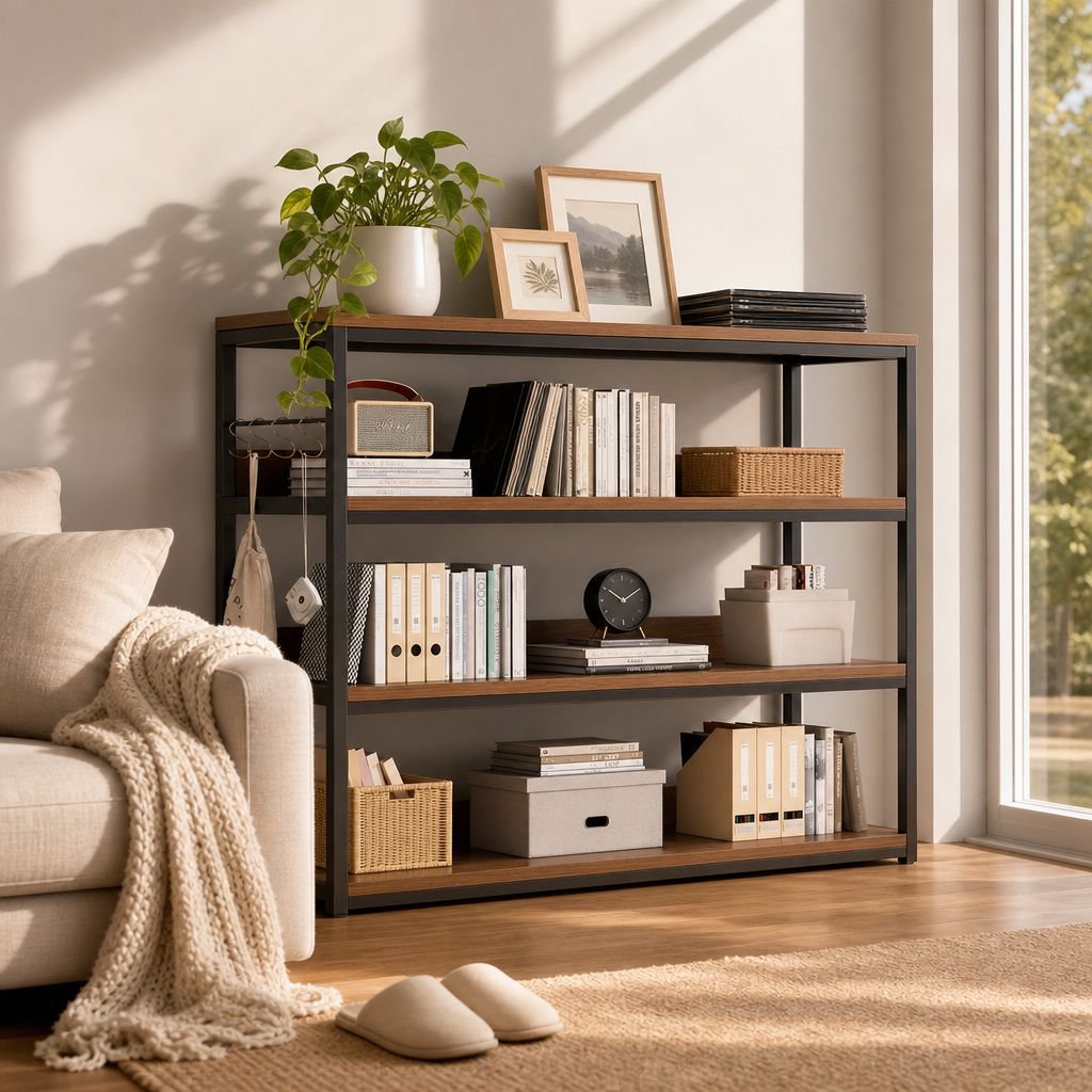 Household multi-layer floor bookshelf against the wall in living room