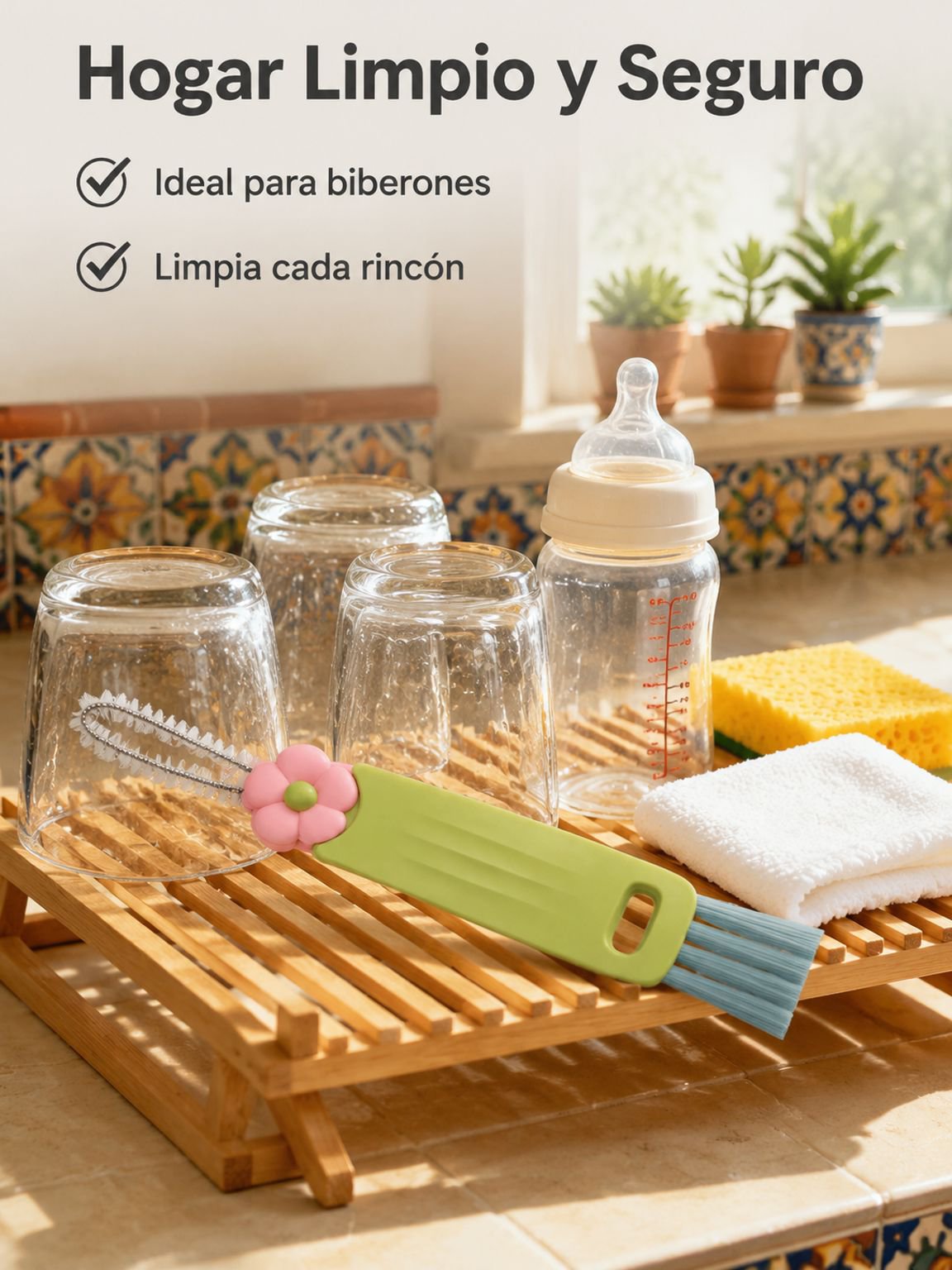 Cepillo limpiador multifuncional en forma de pétalo para tapas de vasos, ranuras y biberones