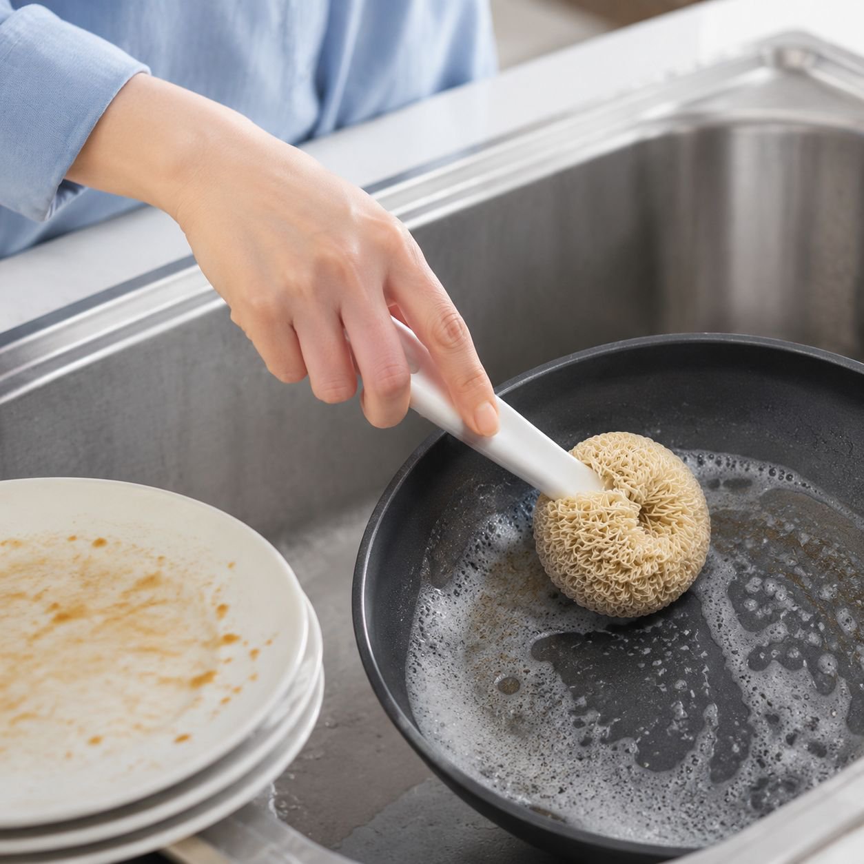 Scrubbing ball that won't damage pots or hands, a kitchen scrubber and dishwashing tool with a handl