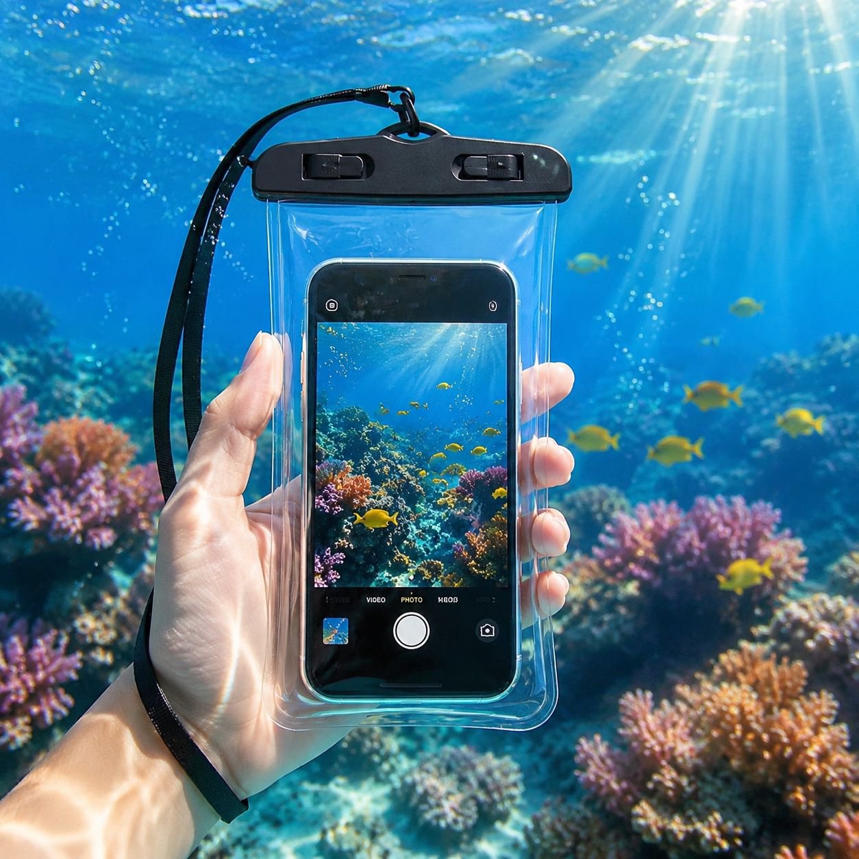 Funda inflable impermeable para repartidores con opción de grabar bajo el agua