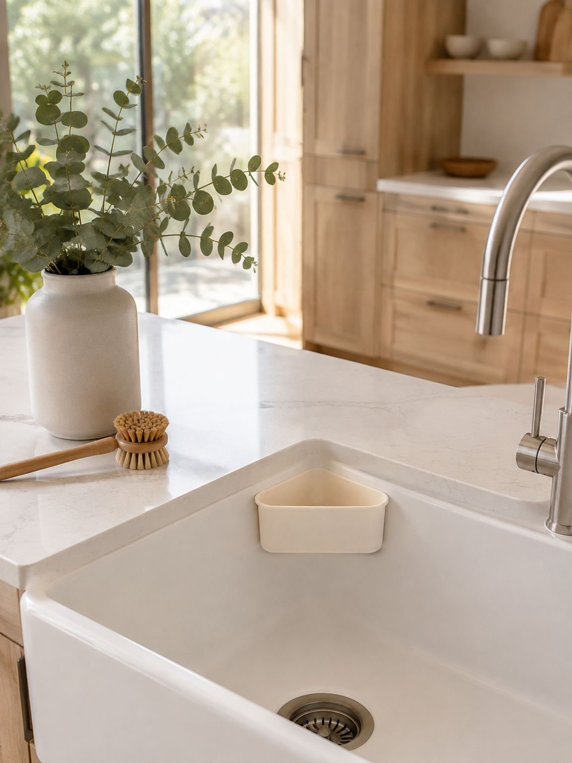 Organized kitchen sink area with the Hanging Sink Drain Basket installed