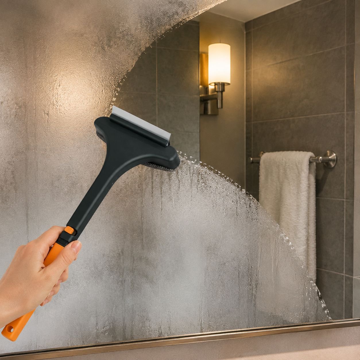 Squeegee cleaning water from glass surface