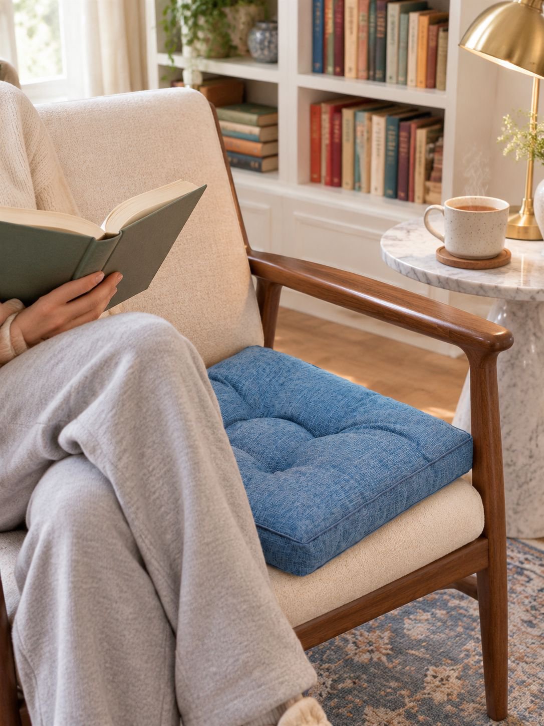 Office worker sitting comfortably on thick cushion