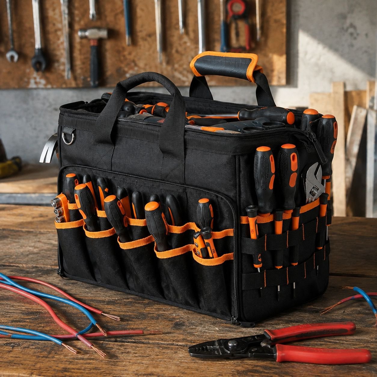 17-inch Heavy Duty Electrician Bag for Men, Foldable Wide-Mouth Storage Bag with Adjustable Shoulder