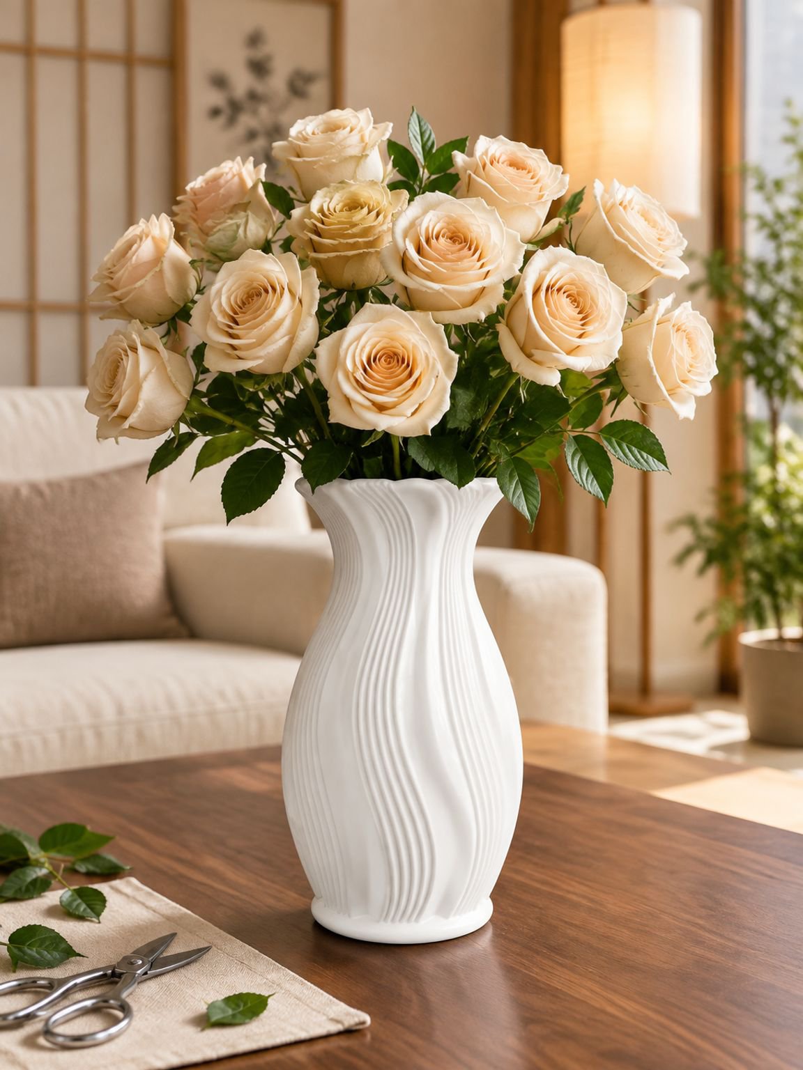 Gradient ceramic vase displayed as a living room centerpiece