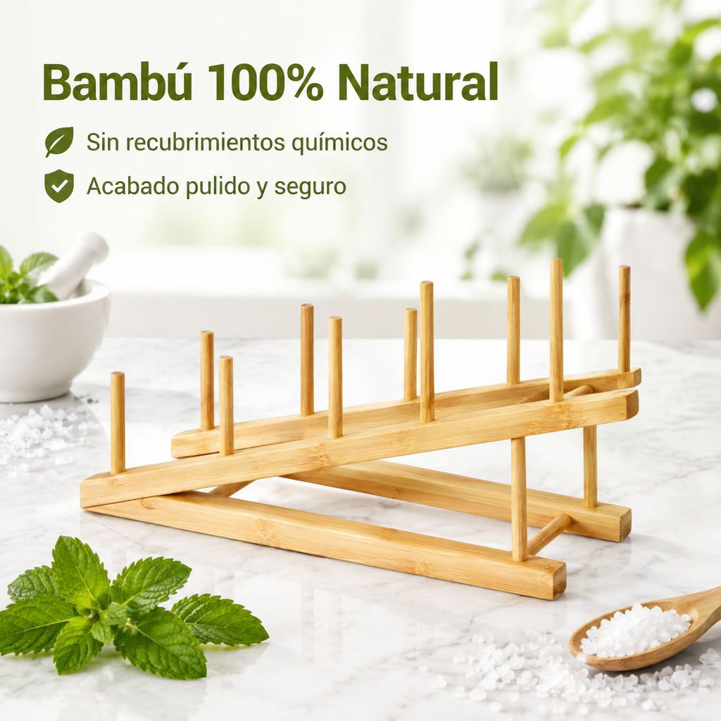 Escurridor y Organizador de Platos de Bambú para Cocina