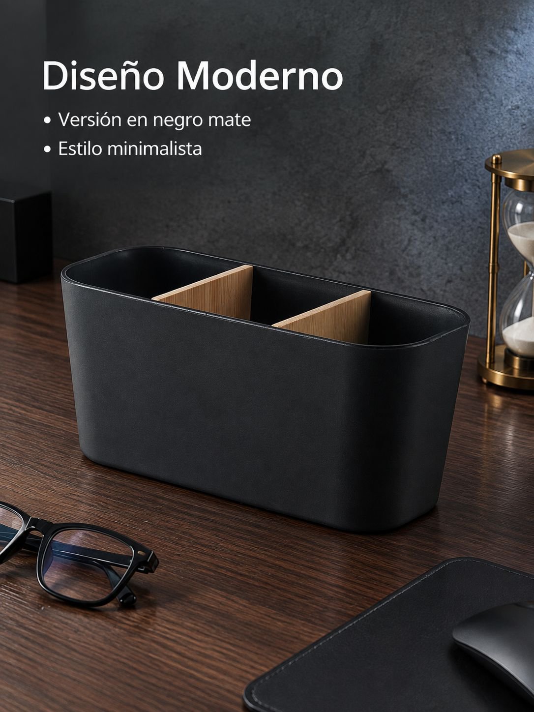 Caja organizadora de escritorio de bambú y madera con compartimentos desmontables