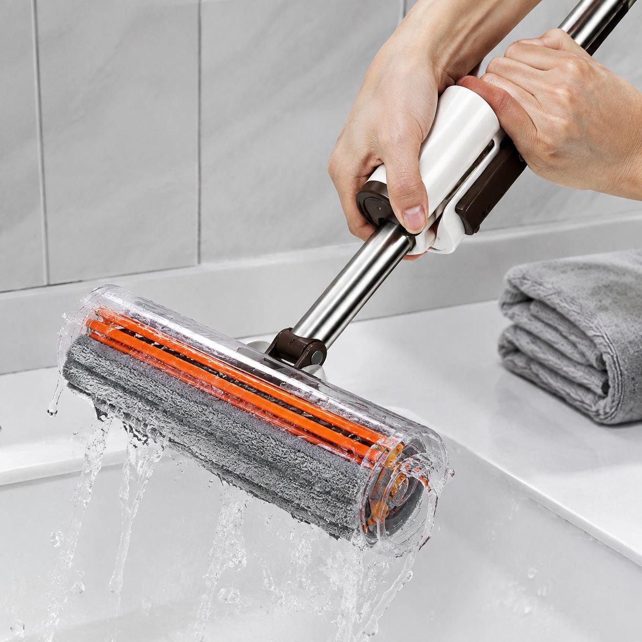 Anti-bacteria and anti-mite hand-free flat mop