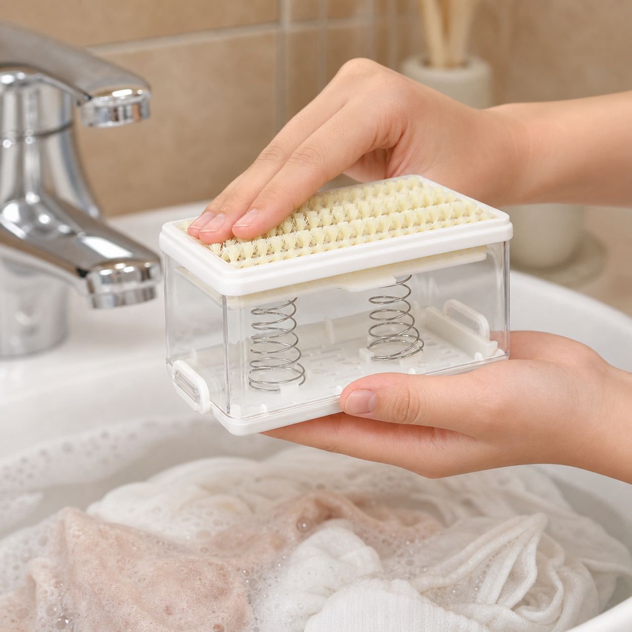 Convenient soap storage case with built-in brush