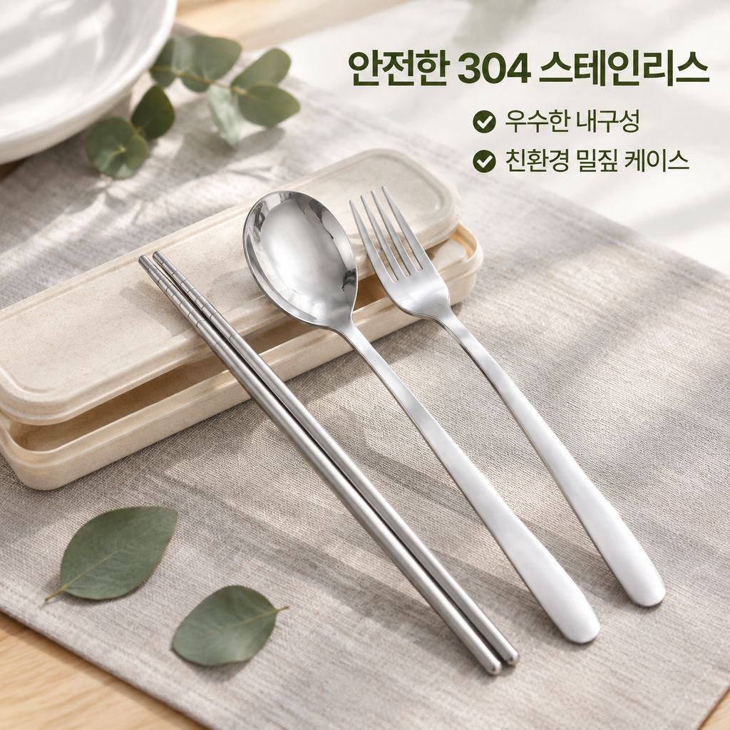 한국식 스테인리스 휴대용 3종 식기세트, 숟가락 젓가락 포크 수납 케이스 선물