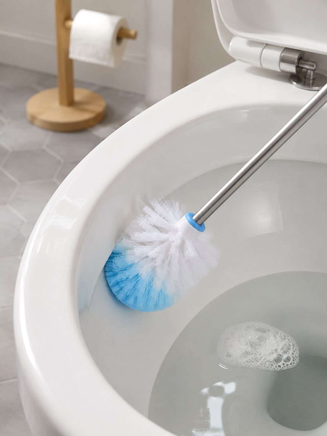 Close-up of stainless steel toilet brush head