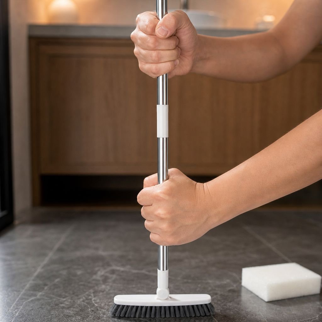 Close-up of brush scrubbing tile grout lines