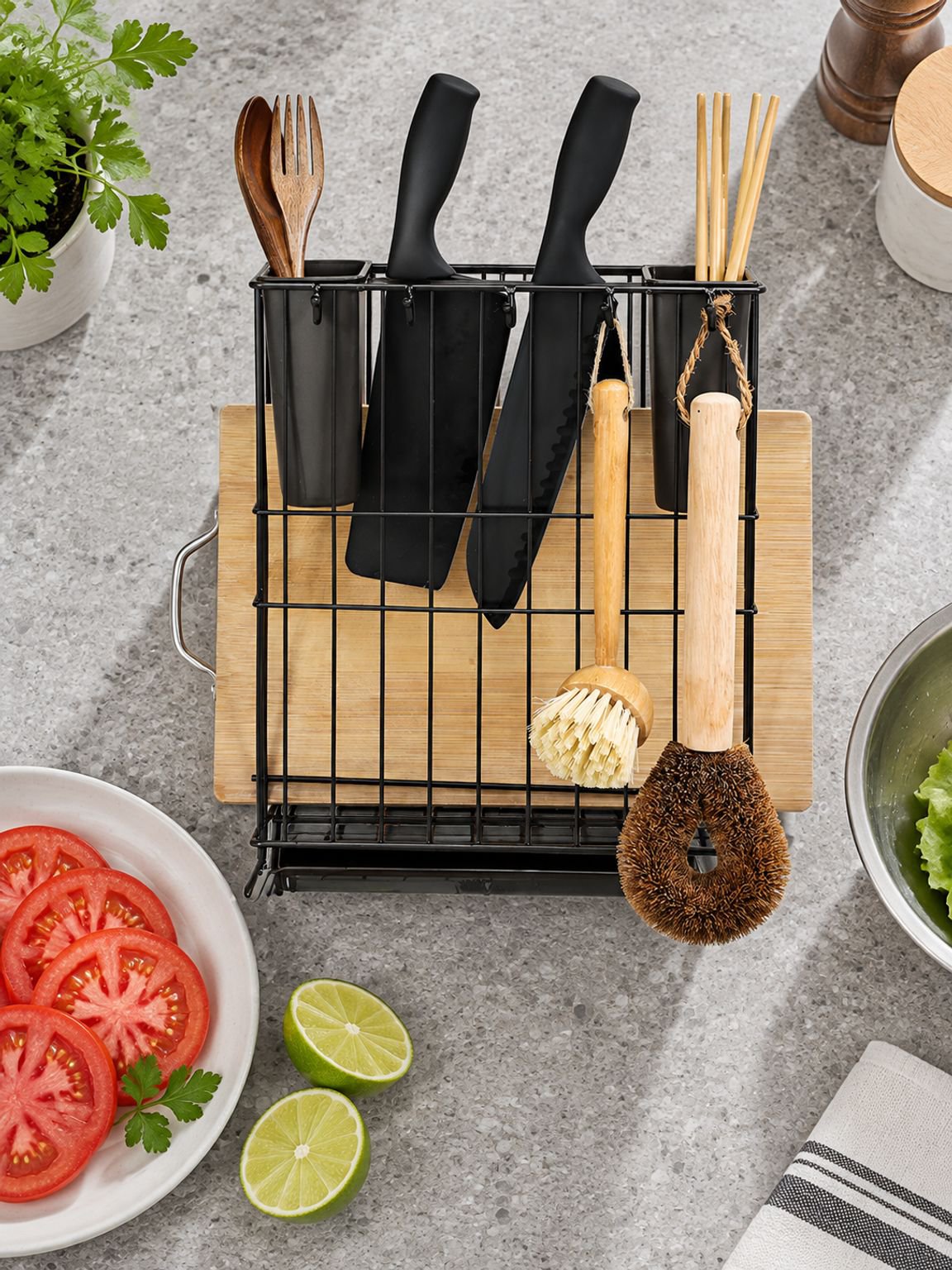 Soporte doméstico para cucharas con tabla de picar