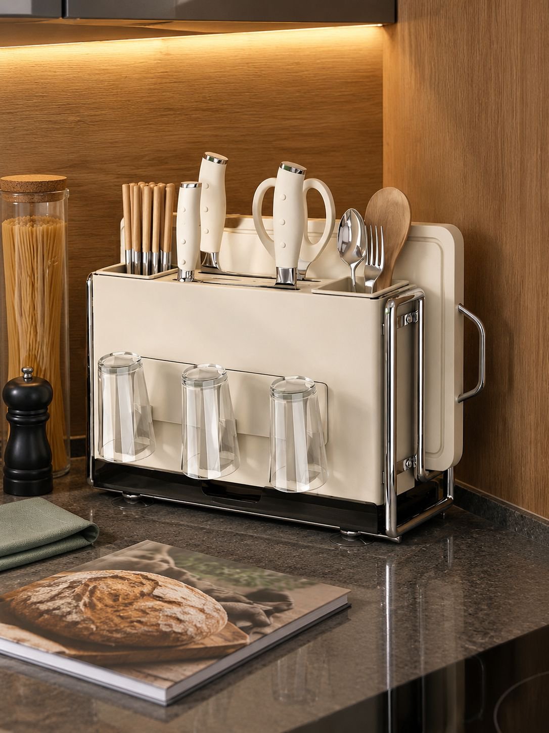 Creme Wind Küche Messerregal Regal Hause multifunktionale Messer Essstäbchen Käfig Rack Arbeitsplatt