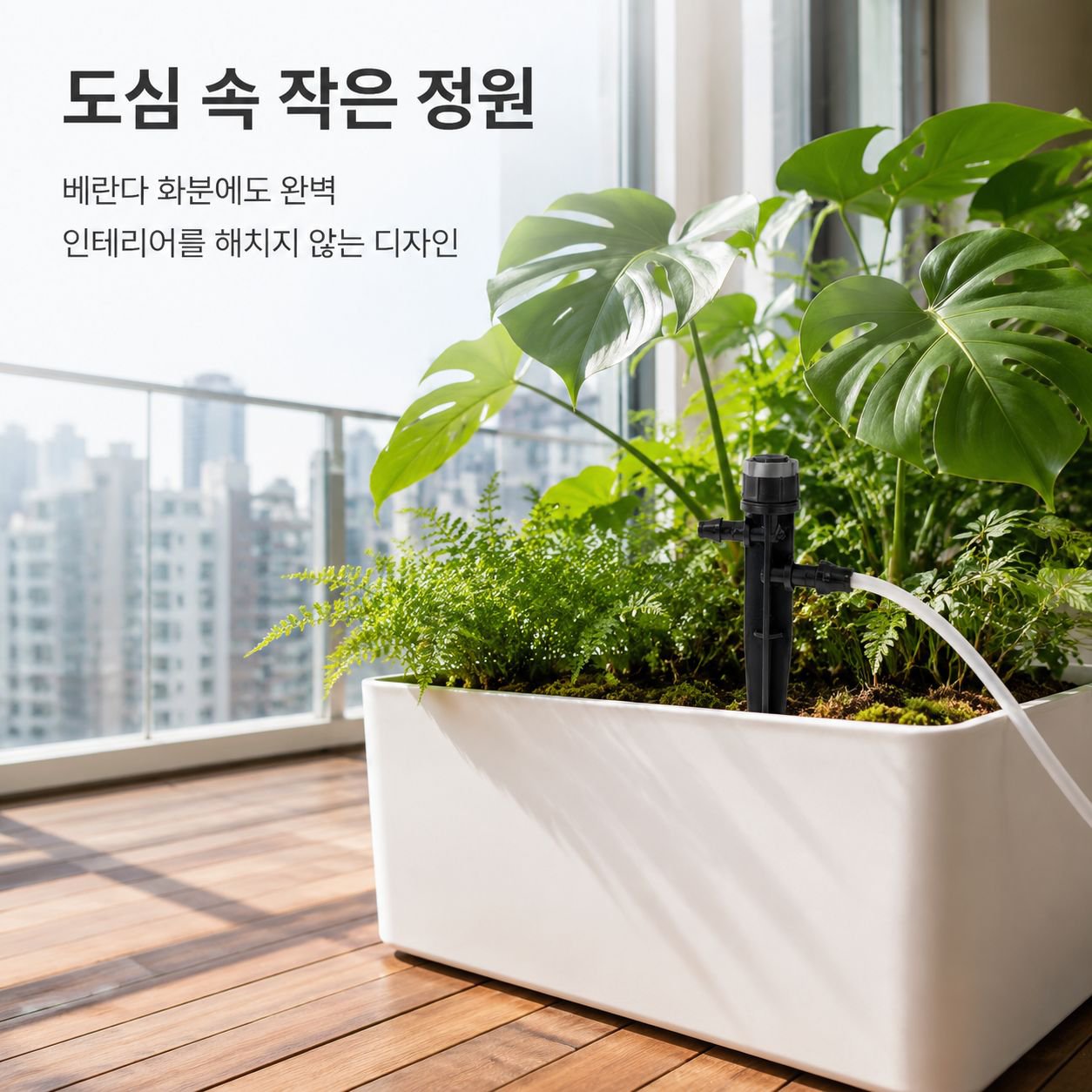 땅에 고정하는 화분형 용기에 방사형 물 분사 헤드가 장착되어 있습니다.