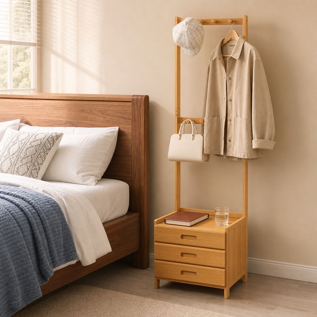 Home Bedroom Bedside Clothes Hanger and Storage Floor Rack
