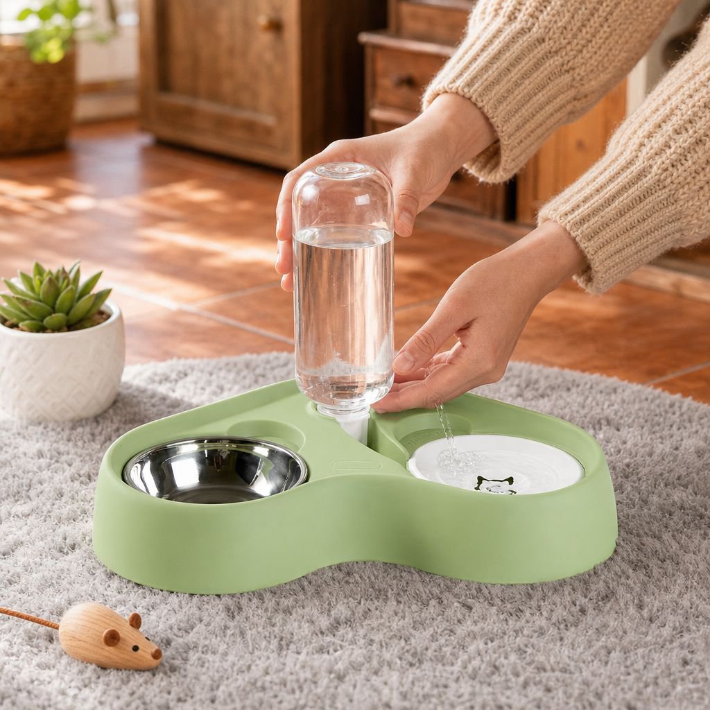 Cat feeder and water bowl, 2-in-1 pet food and water bowl, pet supplies.