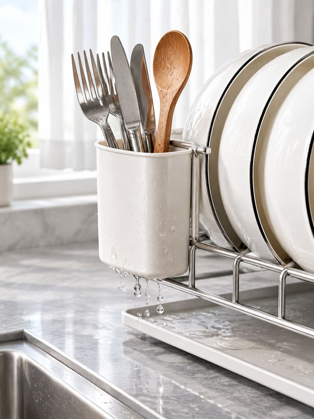 Escurridor de platos con espacio para utensilios y vasos