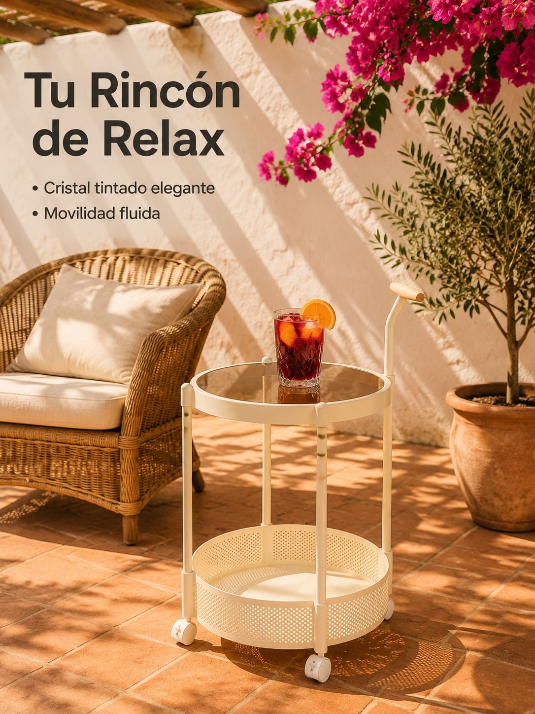 Mesa auxiliar con carrito de cristal móvil