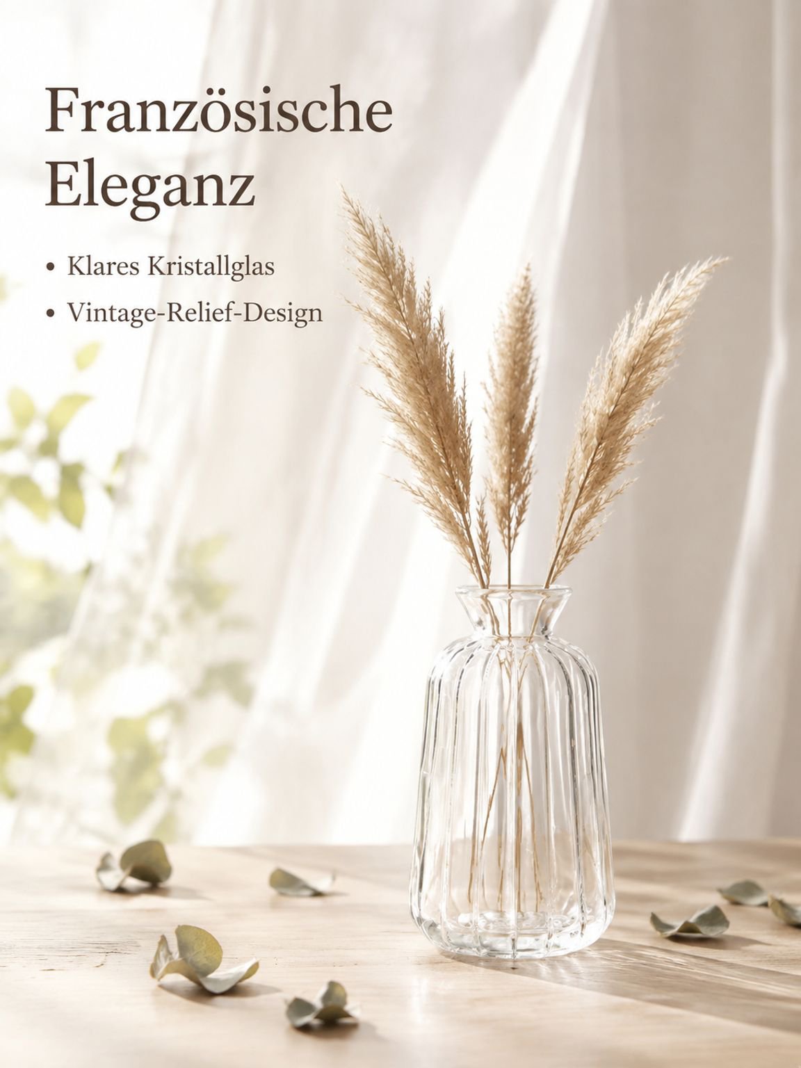 Dekorative Tischvase im französischen Retro-Stil aus geprägtem Glas, transparente Hydrokultur-Blumen