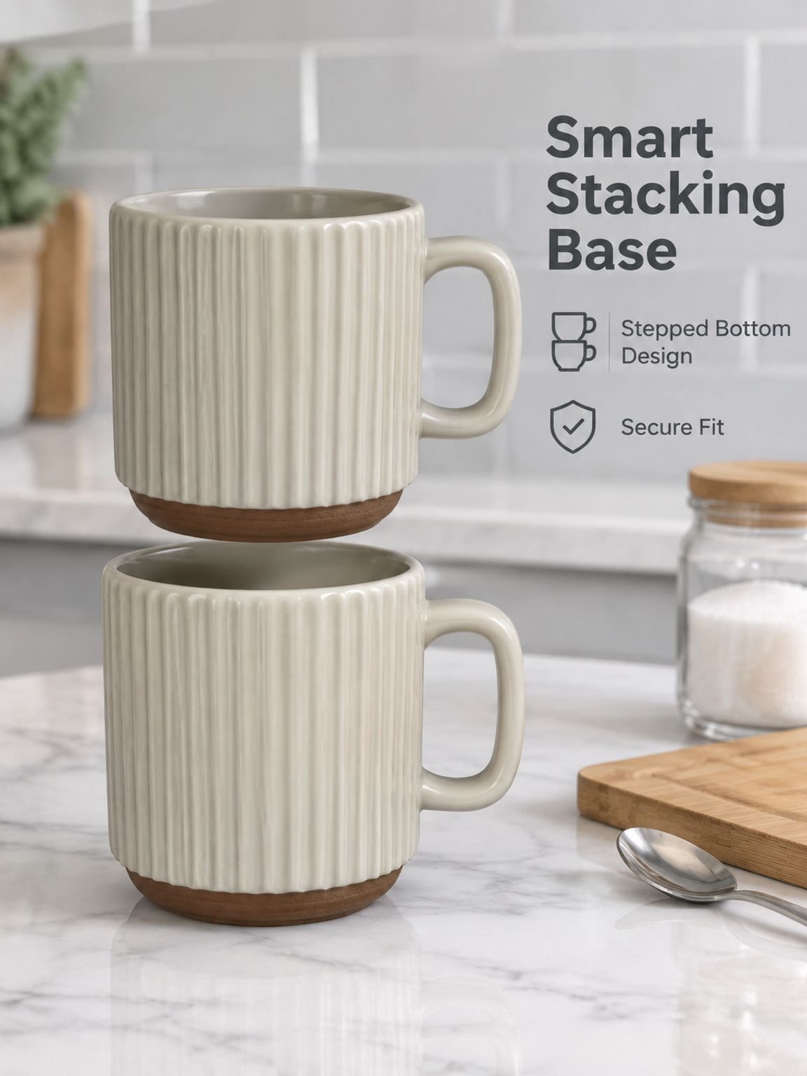 Minimalist vintage style ceramic tea mug with vertical ridged stripes
