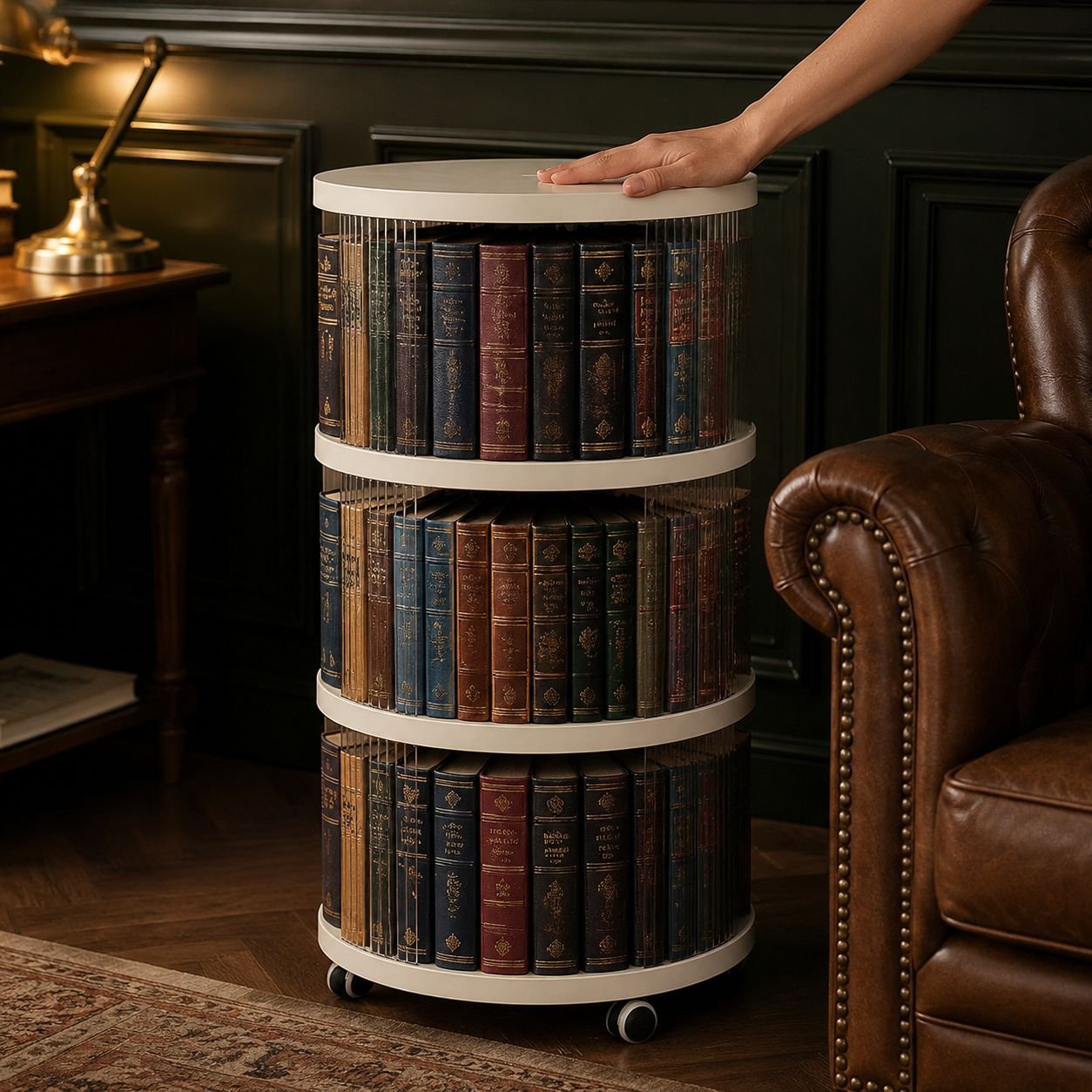 Functional rotating book organizer for small spaces