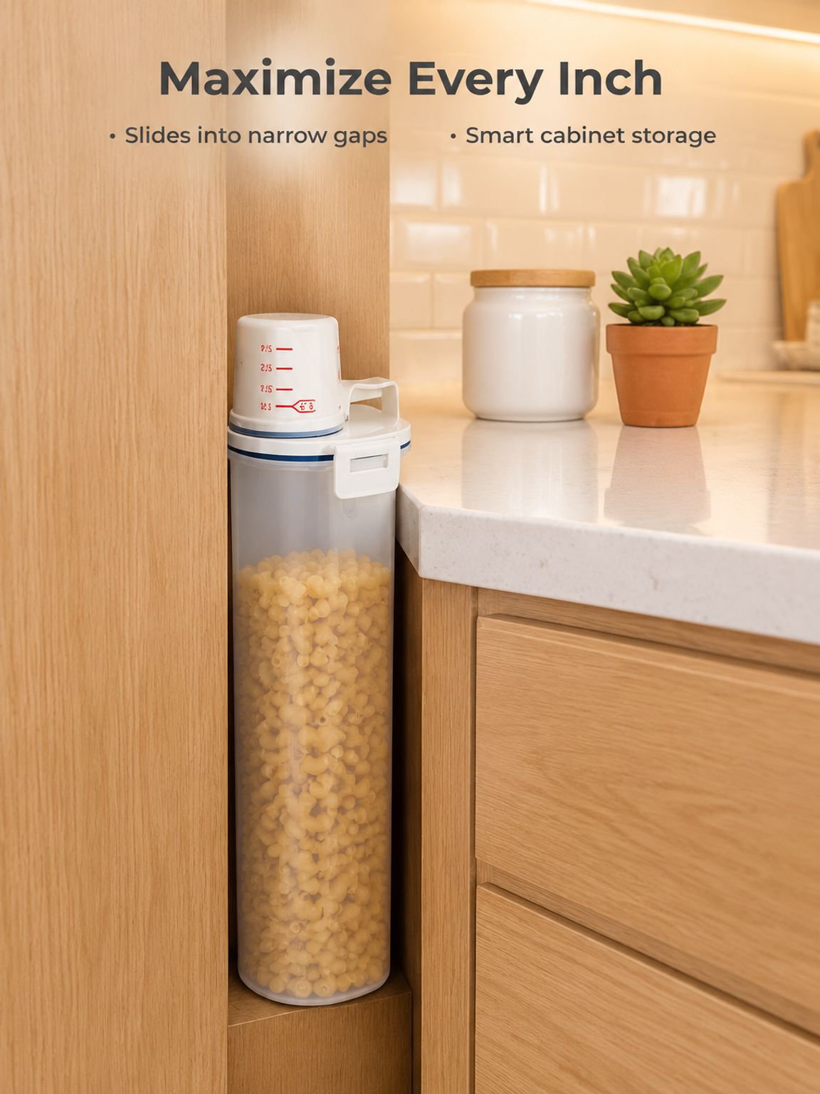 Pantry shelf organized with a large cereal storage container