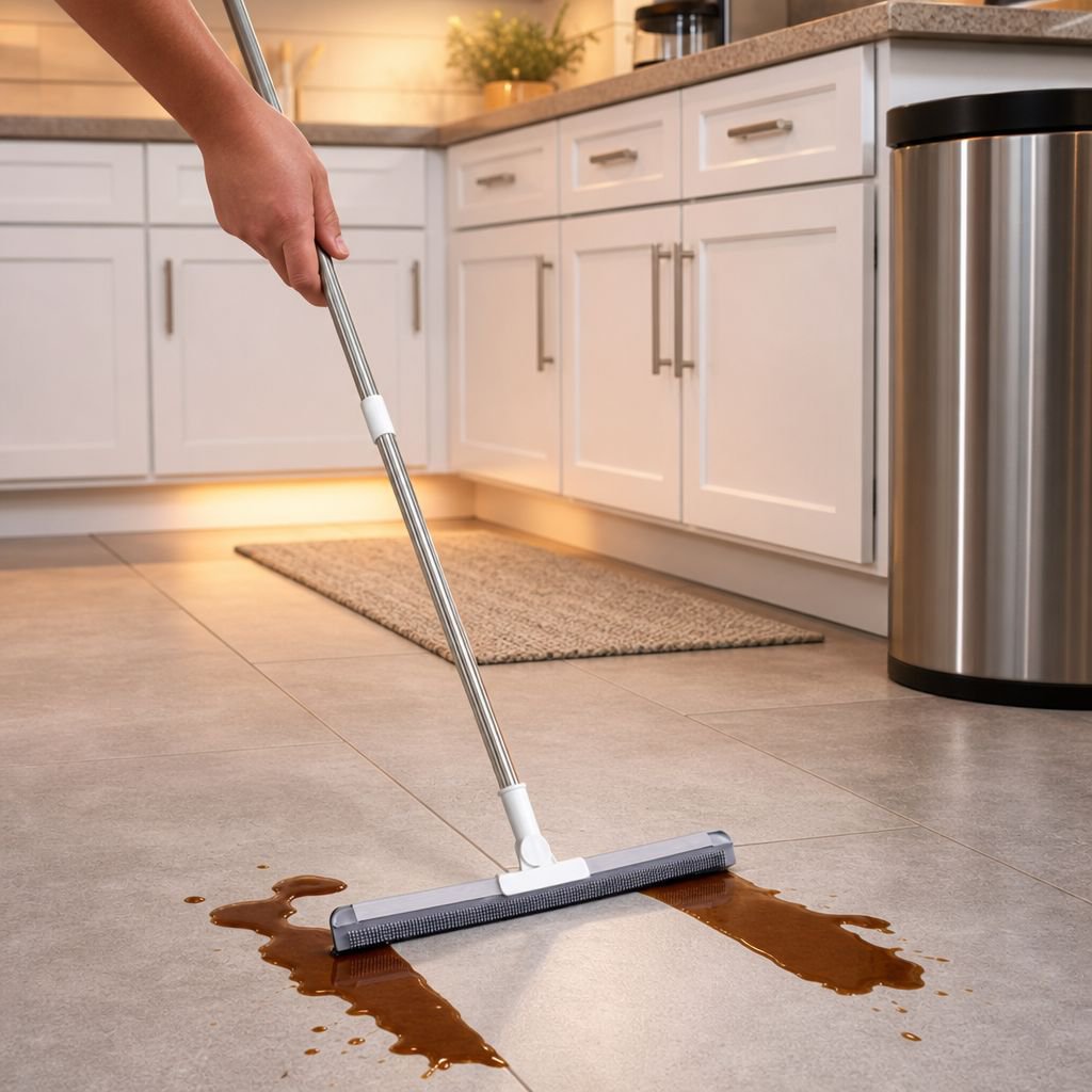Silicone broom scraping water from tiles