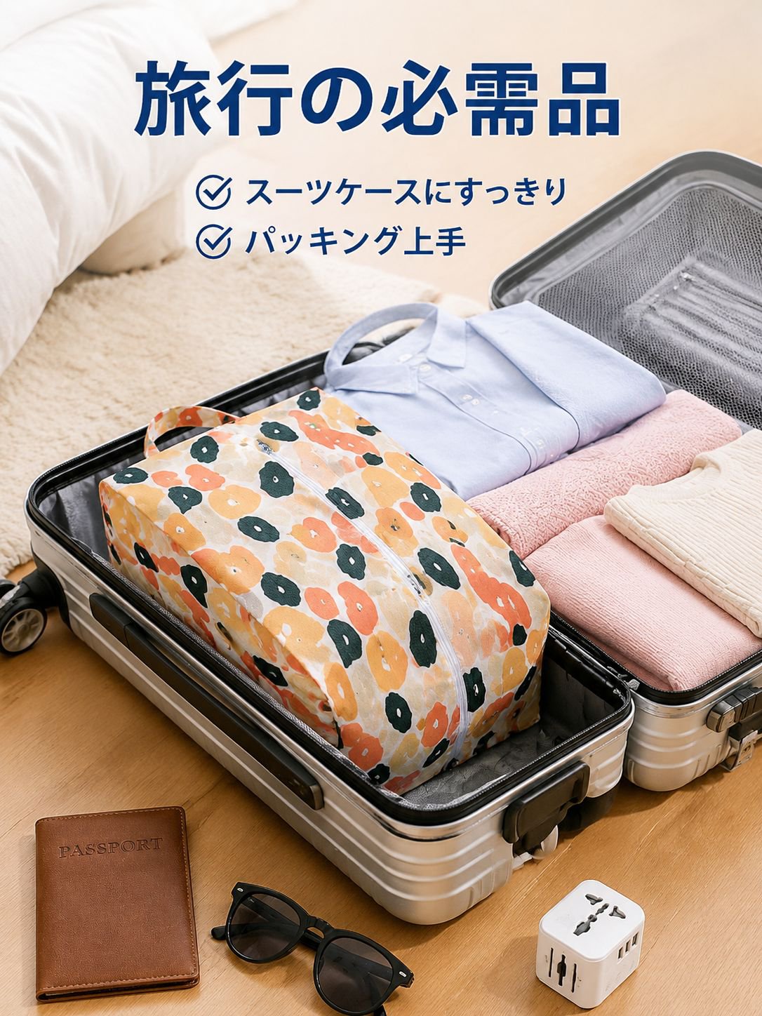 ファスナー付き防塵防湿シューズ収納袋 携帯用 大容量 折りたたみ式