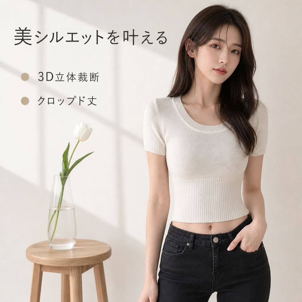 シンプルストレッチニット半袖トップス レディース