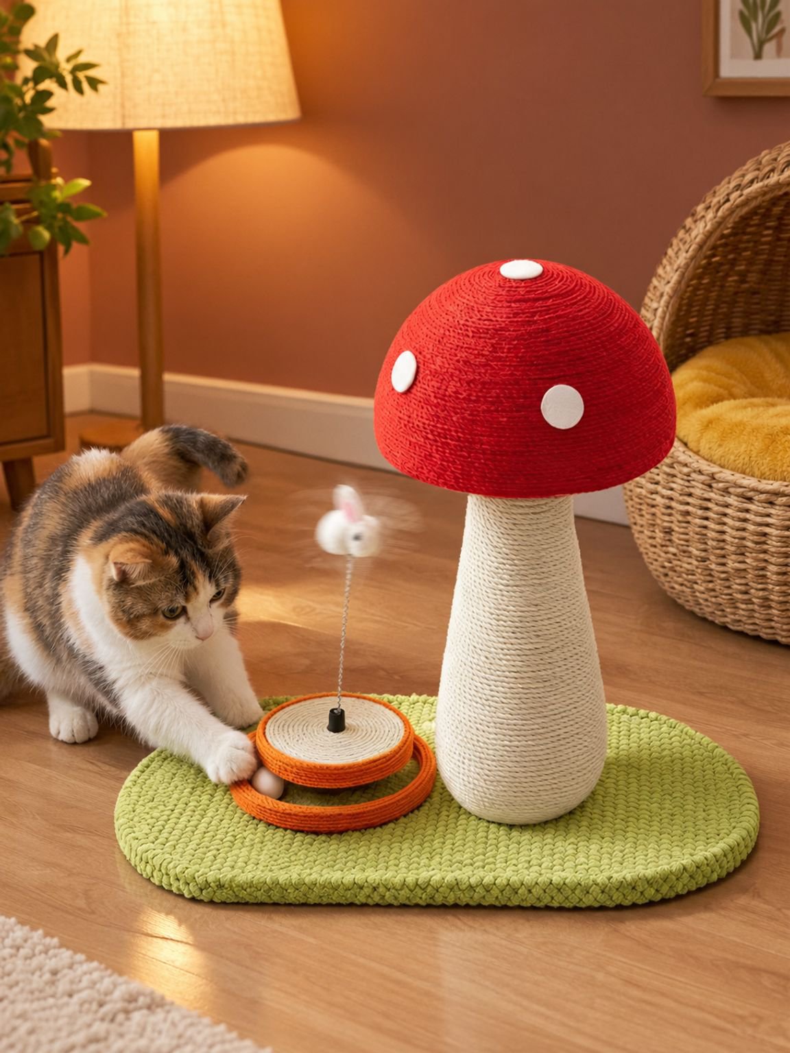 Rascador para gatos grande con yute y forma de hongo rojo