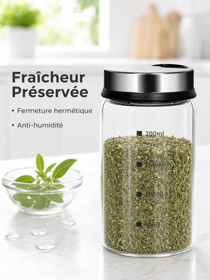 Boîte à épices rotative en verre résistant à la chaleur avec couvercle en acier inoxydable