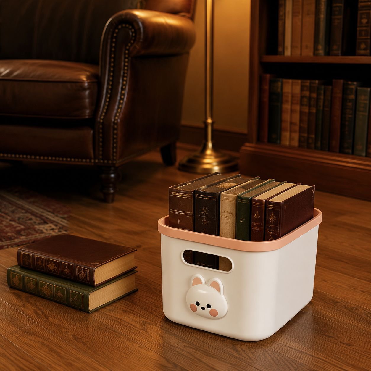 Multi-purpose plastic storage container on a desk