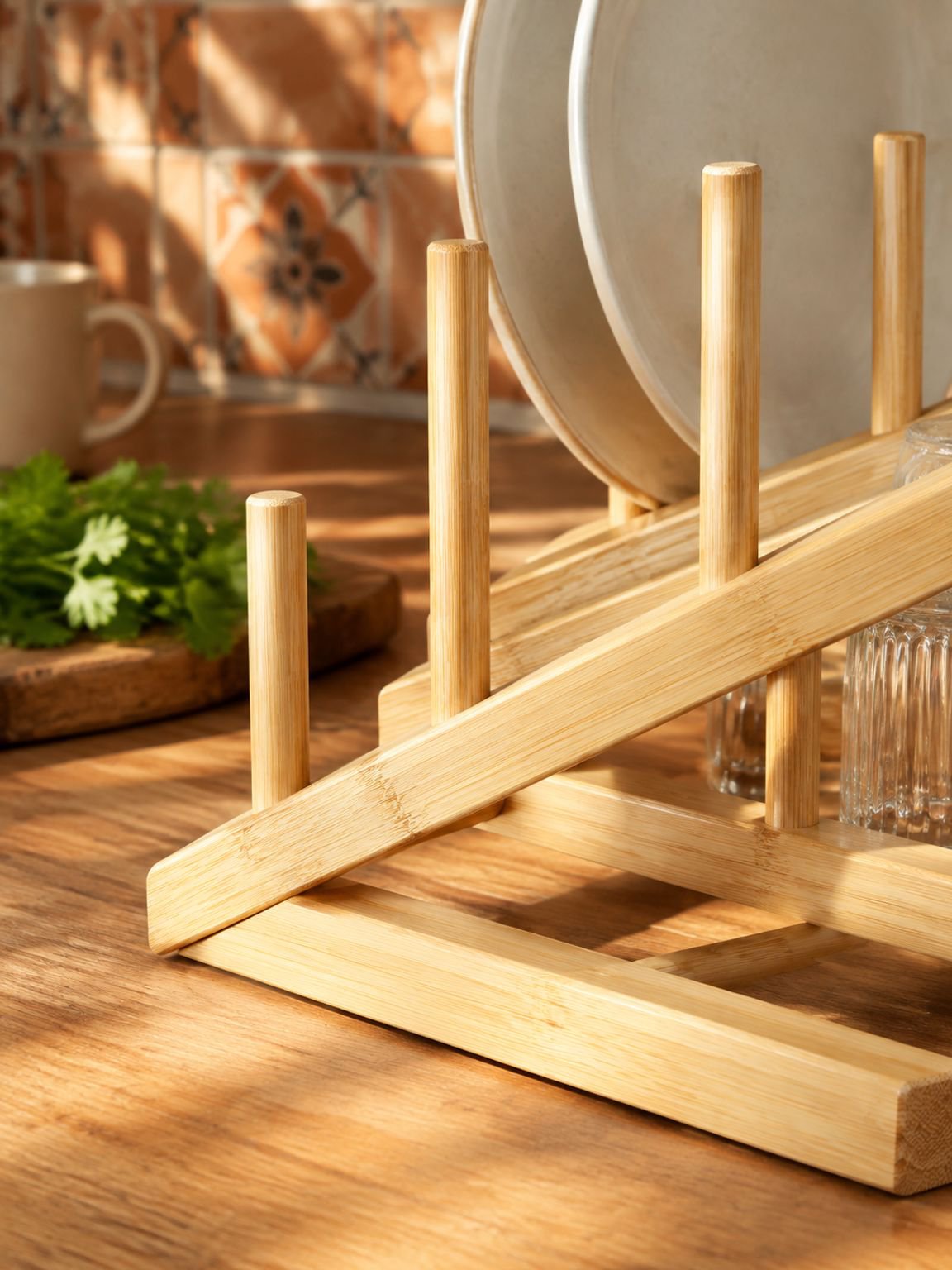 Escurridor y Organizador de Platos de Bambú para Cocina