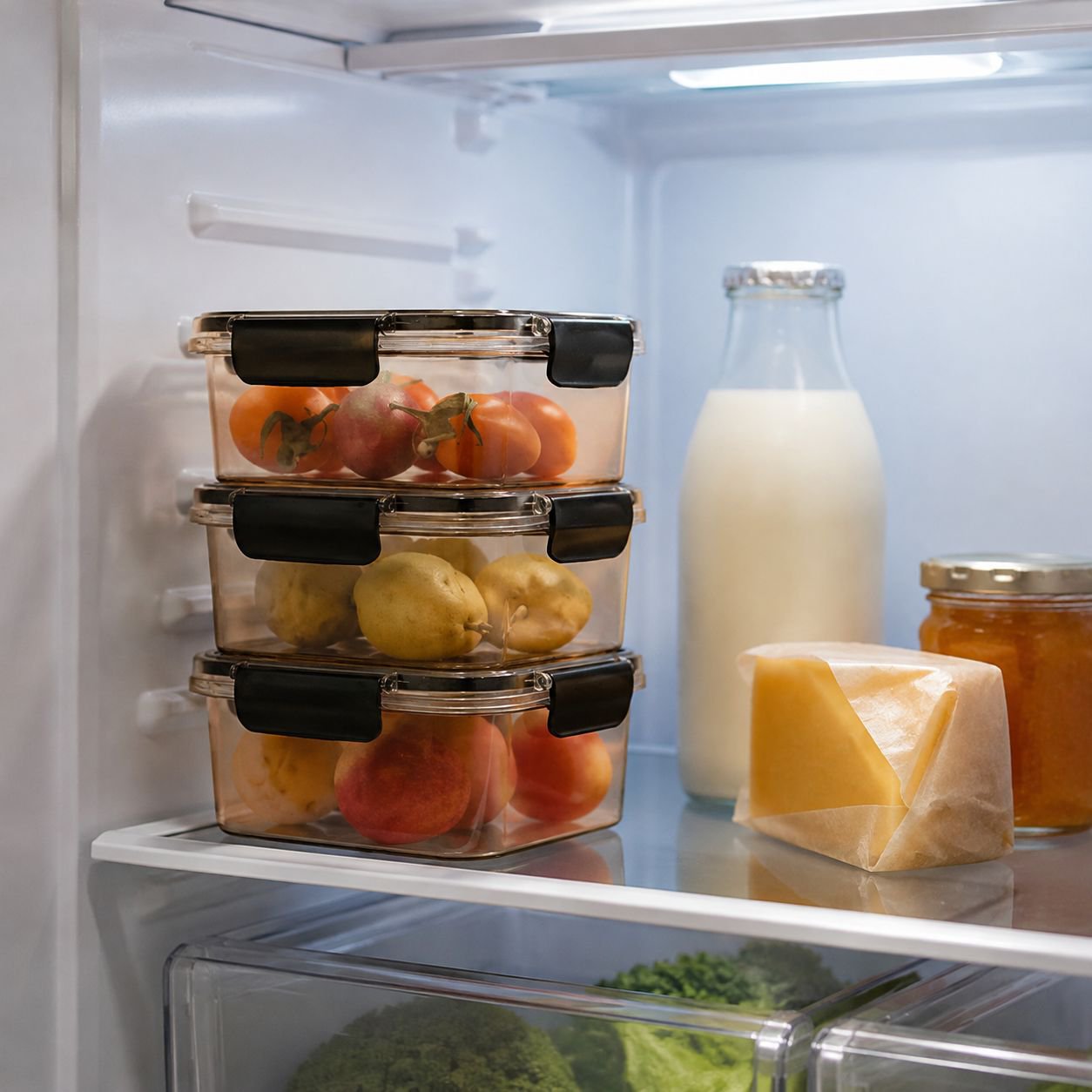 Fresh fruit stored in airtight refrigerator container