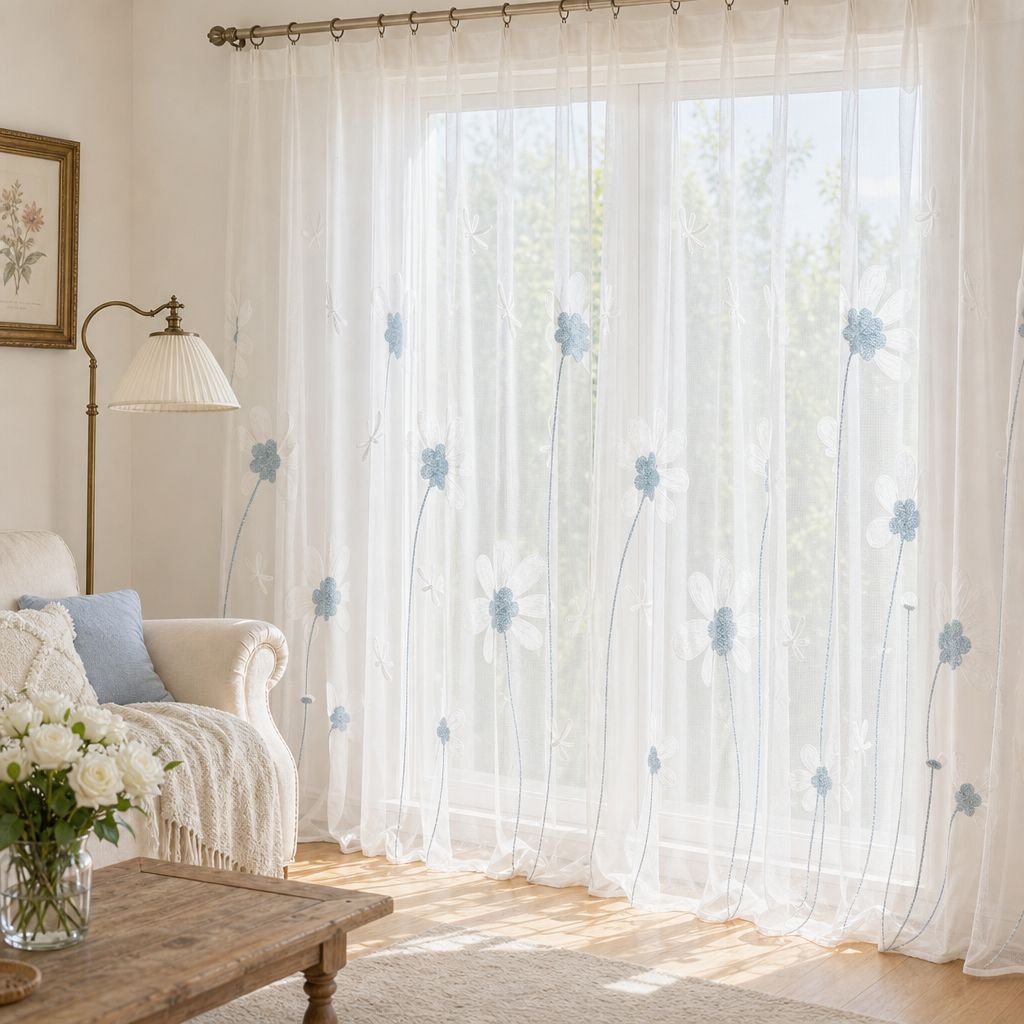 Window screen with chrysanthemum embroidery, simple and transparent modern fabric, suitable for livi