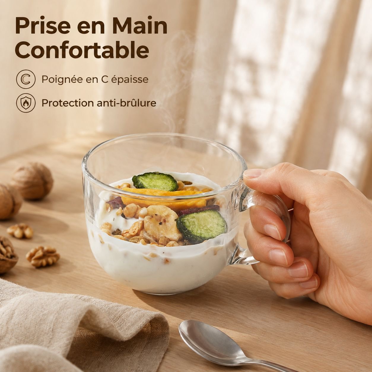 Verre à petit-déjeuner grande capacité avec couvercle et cuillère