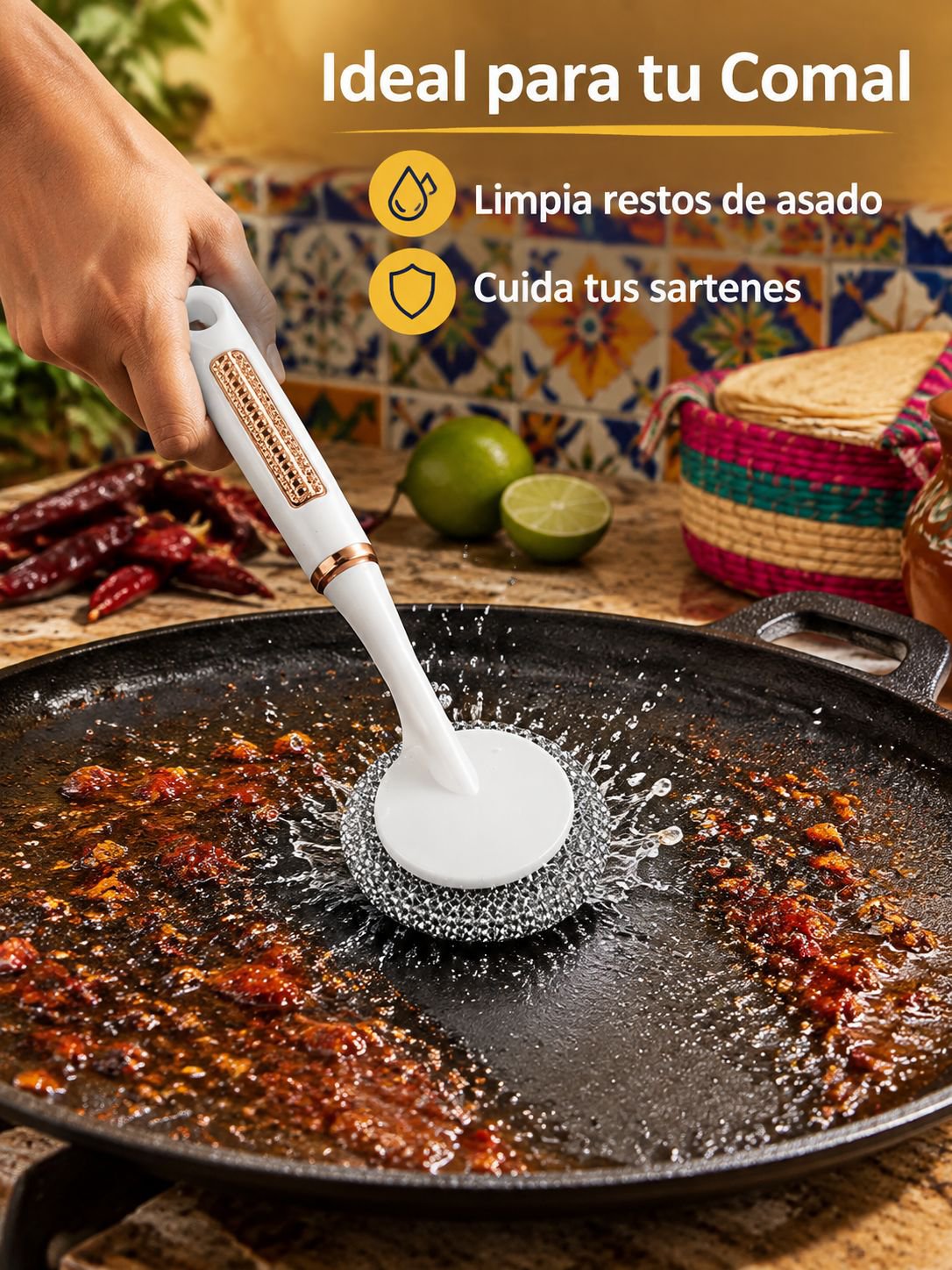 Cepillo de cocina de mango largo para limpiar ollas